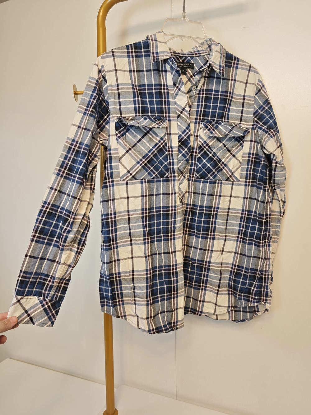 Banana Republic Navy and White Plaid Half Button-Down Shirt Sz M